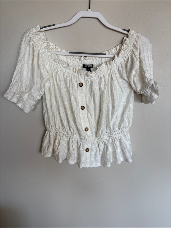 Express Tops - Express White Textured Peplum Off Shoulder Puff Sleeve Top Medium